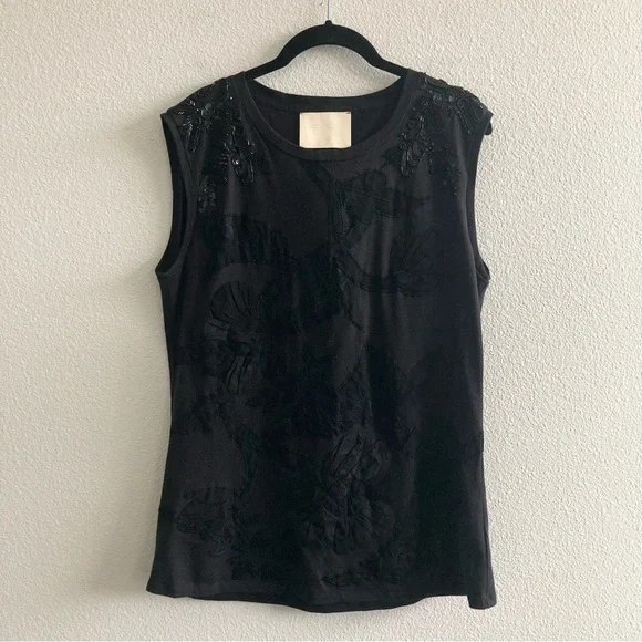 Loyd/Ford Black Beaded Embroidered Mesh Sleeveless Top Minimal Artsy 100% Cotton - Picture 2 of 8